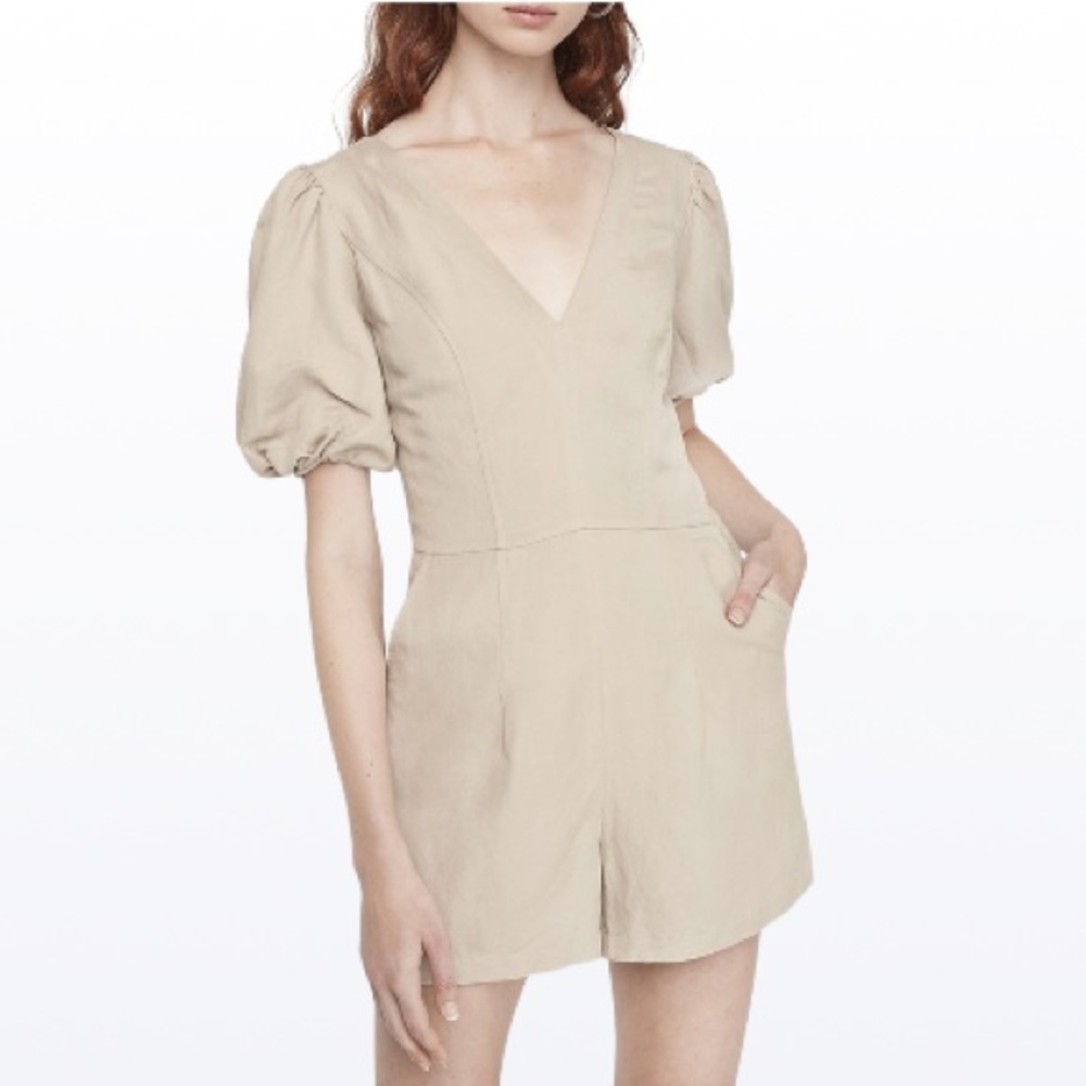 Express Linen Blend Puff Sleeve Romper